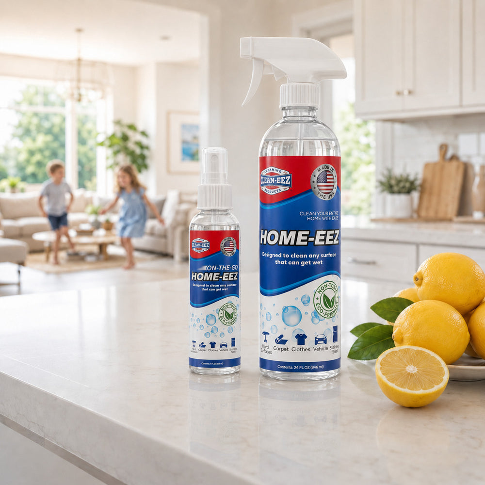 Home-eez cleaner bottles on a bright kitchen counter with lemons